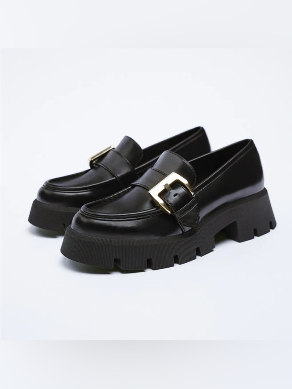 Zara Black Leather Loafers with Gold Buckle